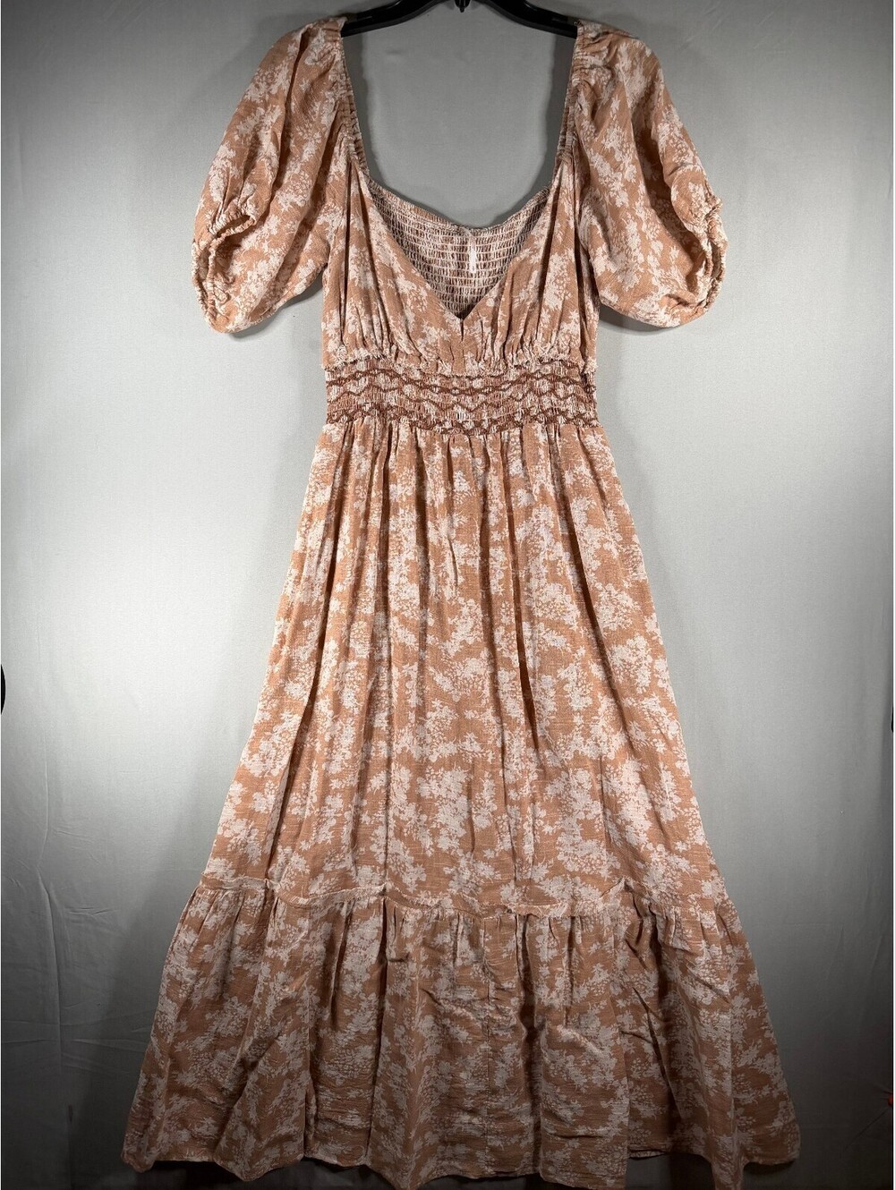 Free People Beige Floral Puff Sleeve Cinched Waist Maxi Dress Size Small